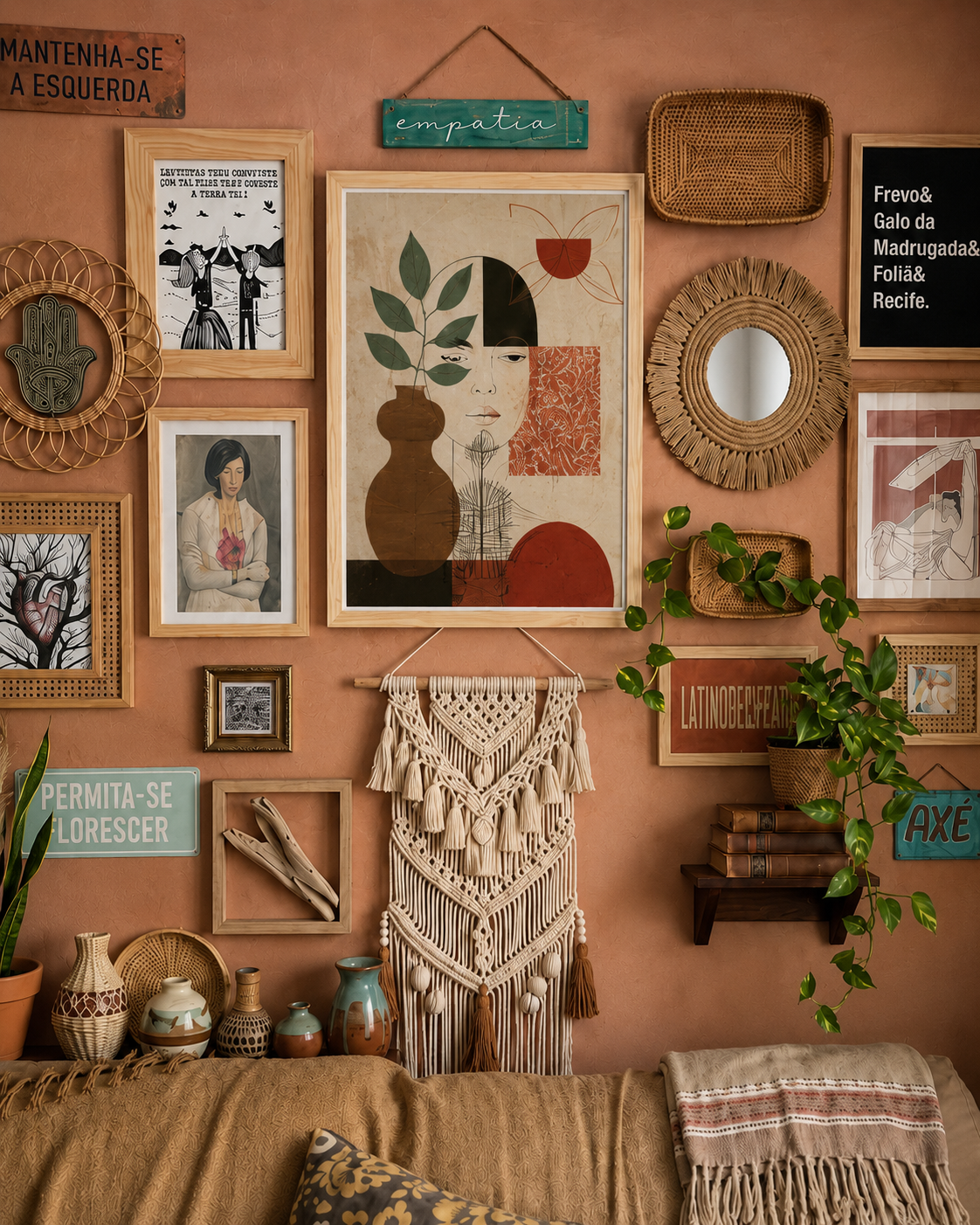 Parede com quadros autorais, objetos afetivos e plantas